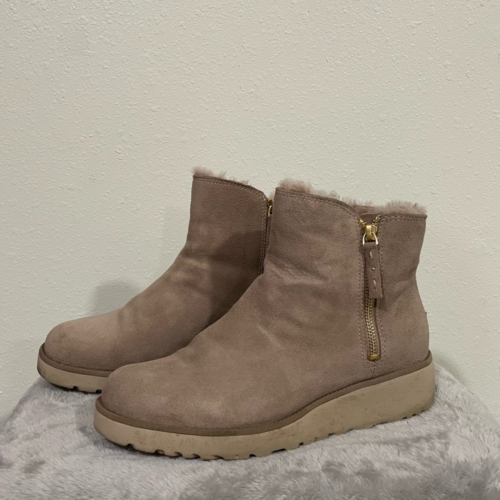 UGGS heeled bootie with gold zipper accents. Size 9. Color sand.